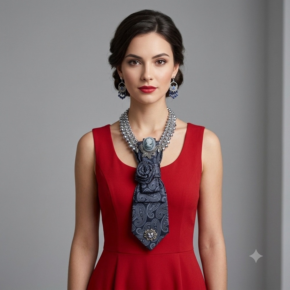 Handmade Cameo Paisley Tie Statement Necklace & Blue Chandelier Earrings Set